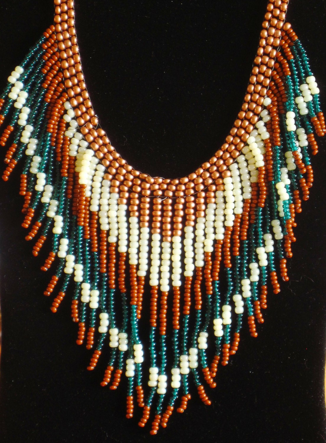 Native American style tribal fringed collar necklace in copper, deep green and pearl