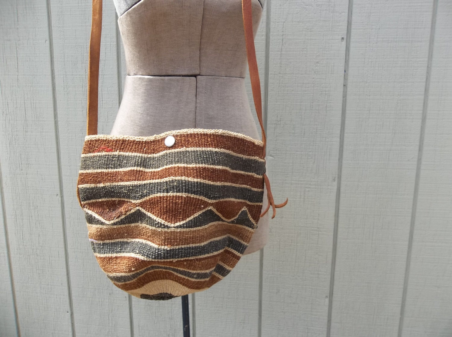 1990's Boho /// Chocolate Brown Woven Bucket Leather Trim Crossbody Bag