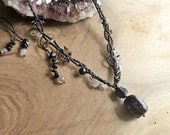 EMF Protection Crystal Jewelry, gemstone necklace with Black Tourmaline, Smokey Quartz and Fluorite, black macrame, metal free jewelry