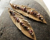 Long dangle earrings - leather feather gemstone earrings, sterling silver earwires