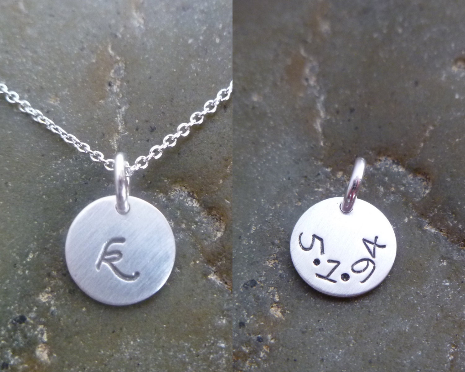 Double Sided Initial Necklace - Date on Back - Tiny 8.9mm Argentium Silver Disc -