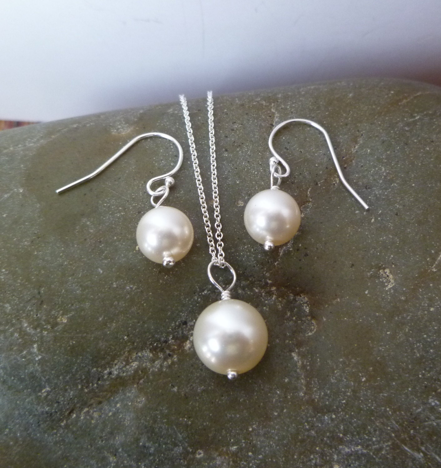 Simple Pearl Necklace and Earring Set - Single Swarovski pearl - Sterling Silver - 6mm, 8mm, or 10mm - Color Options - Basic Pearl Jewelry