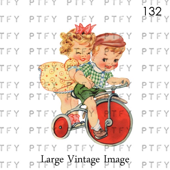 Cutie Pie Children Riding Vintage Tricycle LARGE Digital Vintage Image Download Sheet Transfer To Totes Pillows Tea Towels T-Shirts -132