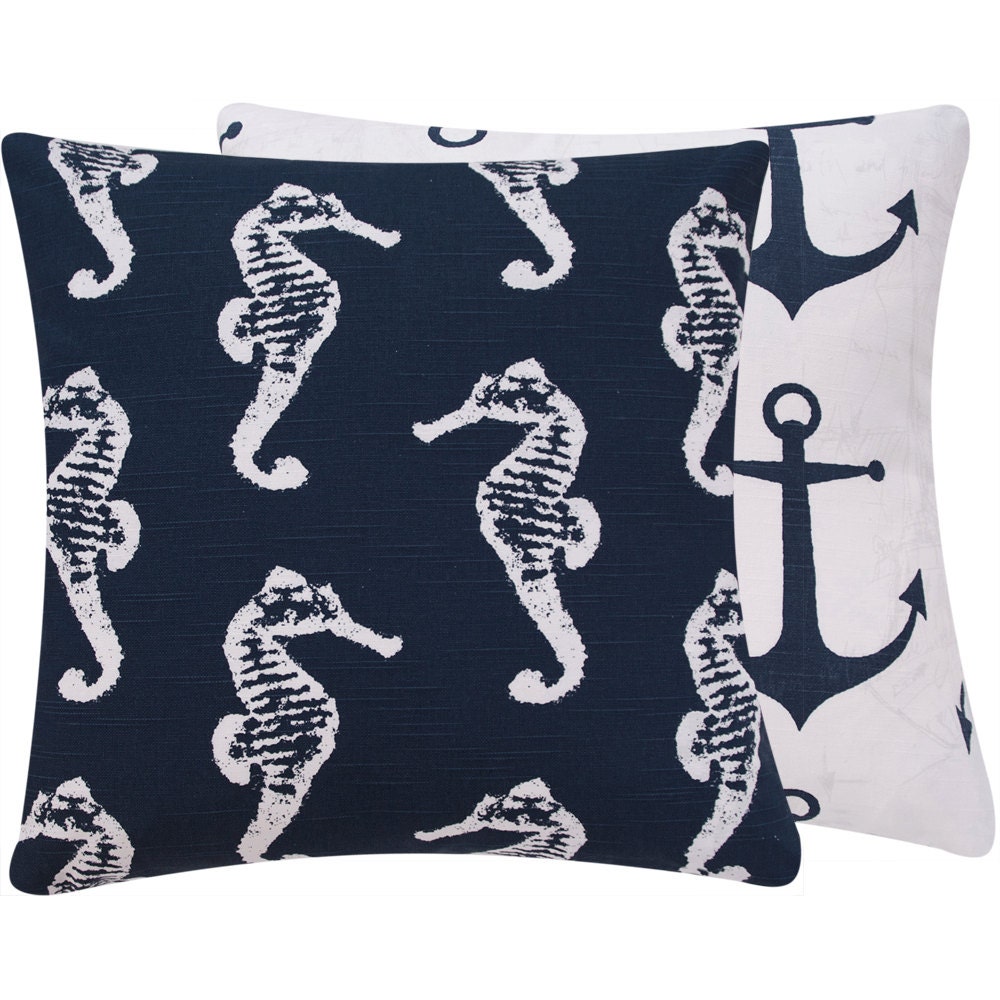 SeaHorse and Anchor Toss Pillow Cover 18x18, Premier Prints, Throw Pillow, Wonders of the Seas Blue Collection
