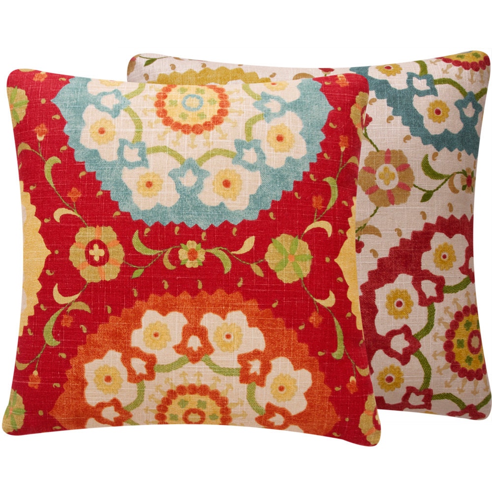 Red Pillow Cover 18x18 Suzani Medallion Turquoise Blue Green Yellow Home Decor Living Room Pillow, Fiesta Infusion Collection
