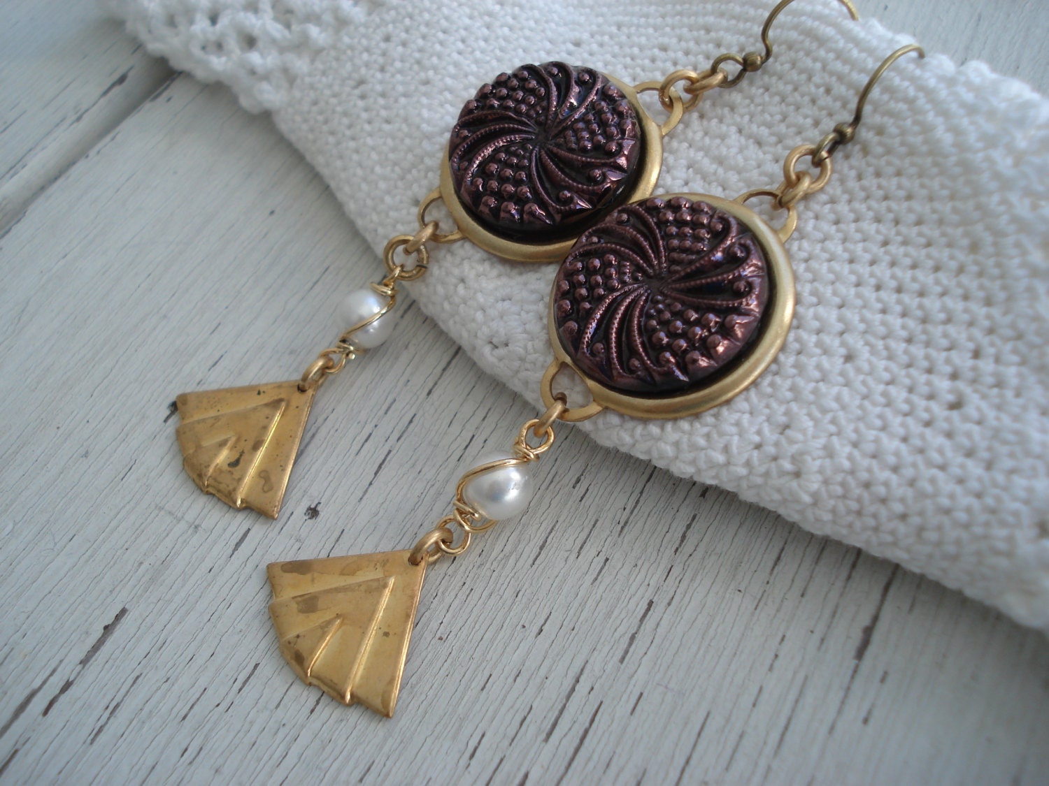 Vintage Antique Art Deco Amethyst Copper Czech Glass Cabochon Gold Pearls Dangle Earrings