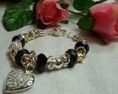 Two Toned Silver & Gold Plated Black Faceted Crystal European Charm Bracelet  - Euro Bead Bracelet - Assorted Euro Beads and Charms