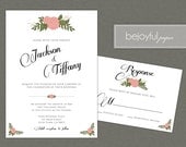 Wedding Invitation and RSVP -Printable DIY. Vintage Floweral backyard wedding modern "Jackson and Tiffany" (1004)