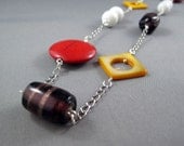 Silver Long Necklace & Earring Set - Yellow Mother Of Pearl Shells, Red Turquoise Stones, White And Purple Glass