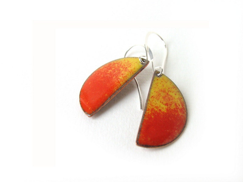 Enamel earrings yellow orange dangle drop summer jewelry fashion halfmoons by Alery