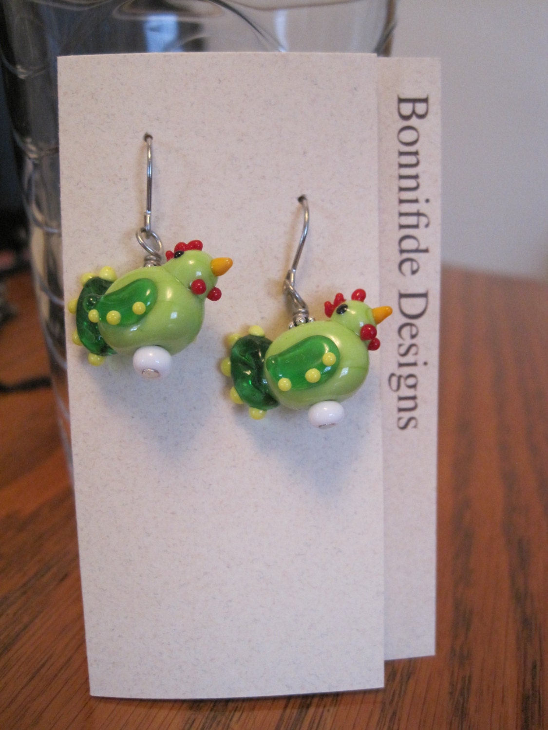Hand-Made Lime Green Chicken Earrings