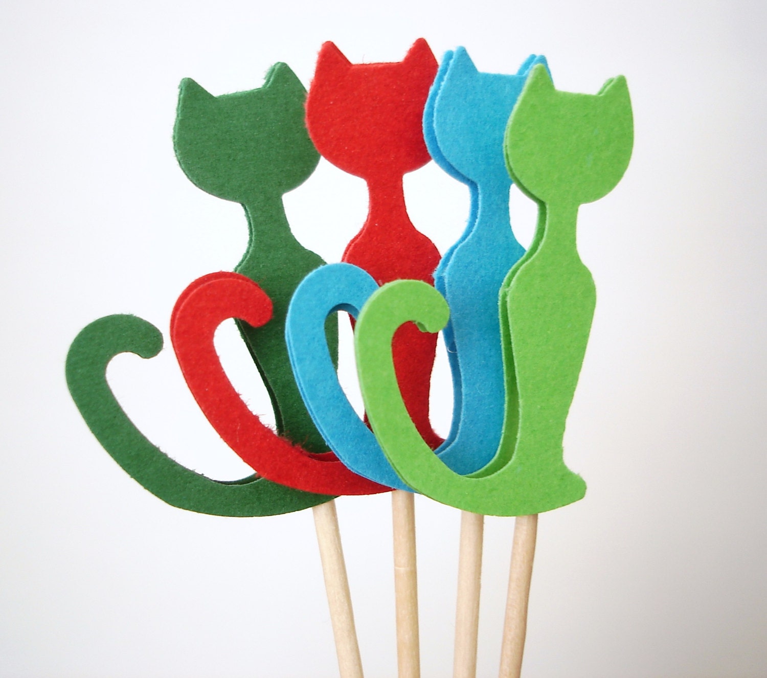 24 Cat Party Picks, Food Picks, Cupcake Toppers, Toothpicks - red, green, blue - No944