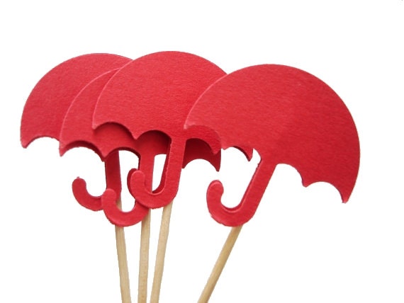 24 Red Umbrella Party Picks, Cupcake Toppers, Food Picks, Toothpicks, Drink Picks - No772