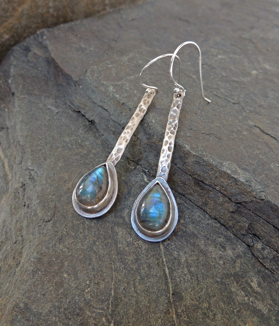 Labradorite Rain Drop Earrings - Sterling Silver Labradorite Earrings with Teardrop Labradorite Gemstones Hand Forged