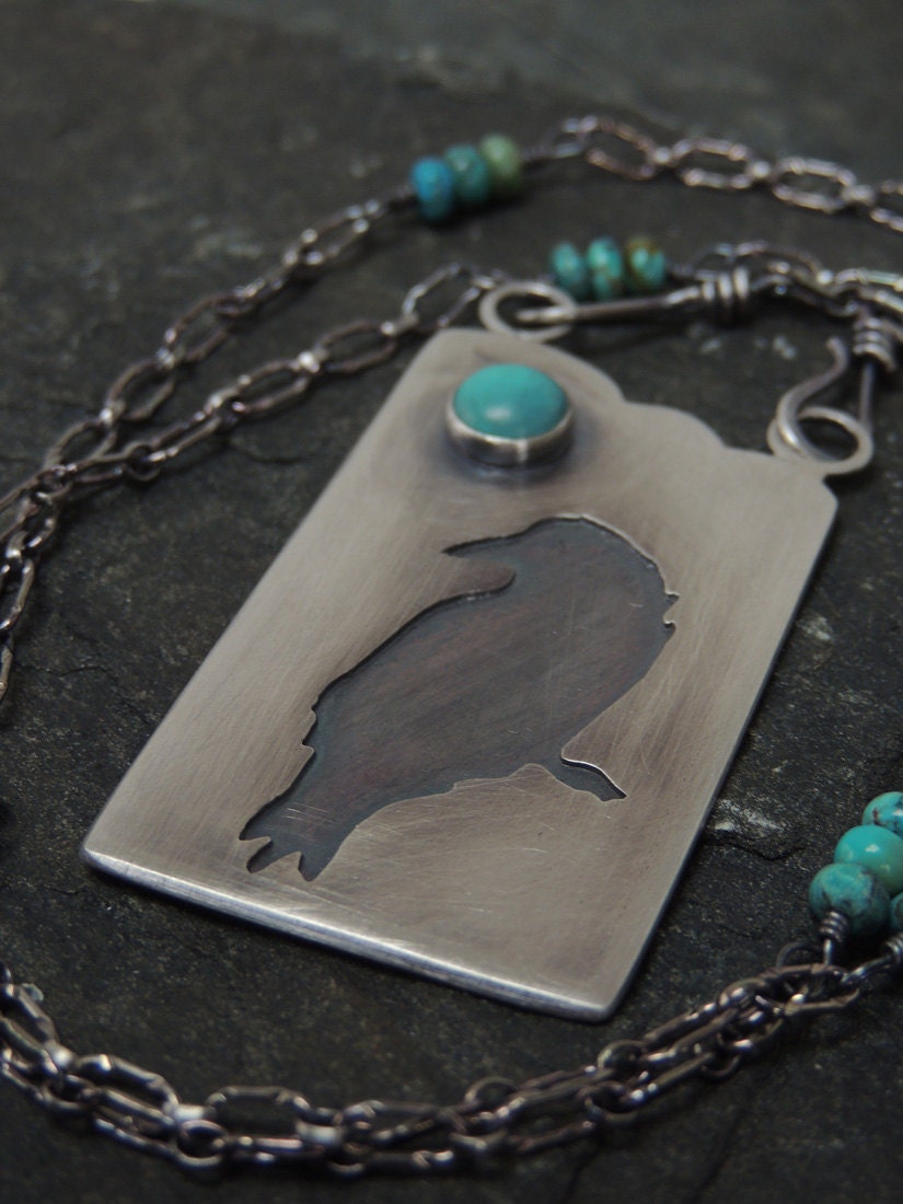 Looking Back - Turquoise and Sterling Silver Crow Necklace 22 inches.