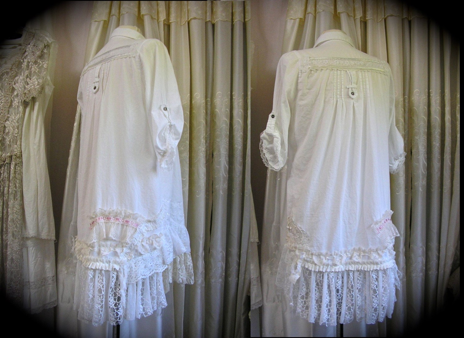 Romantic Lace Shirt, layered laces, white cotton blouse, shabby victorian fantasy faerie fairy girl MEDIUM