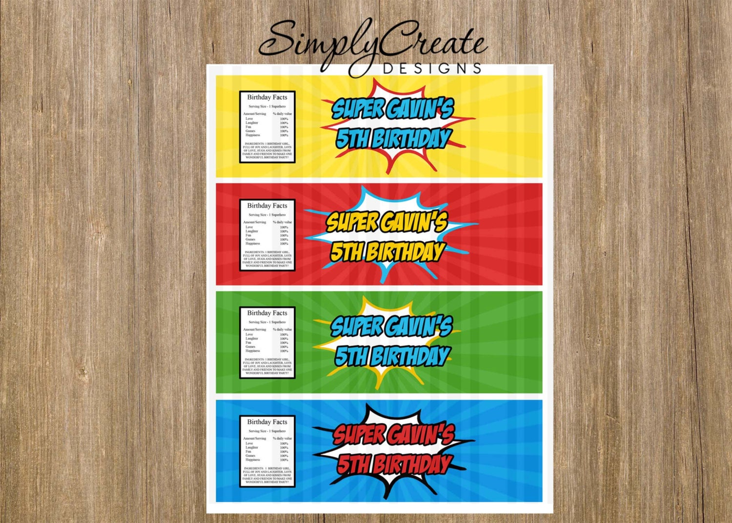 Superhero Water Bottle Label 8.5x11 JPEG sheet Personalized Il_570xn