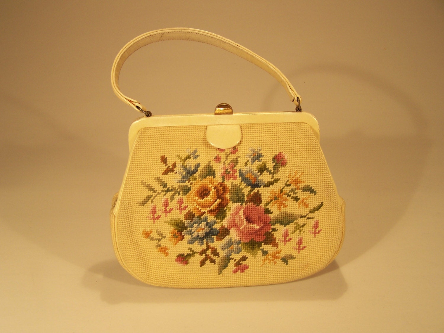 Needlpoint Bag - Handmade in Soft Cream Yellow - Leather construction by Artbags, Madison Ave, NY