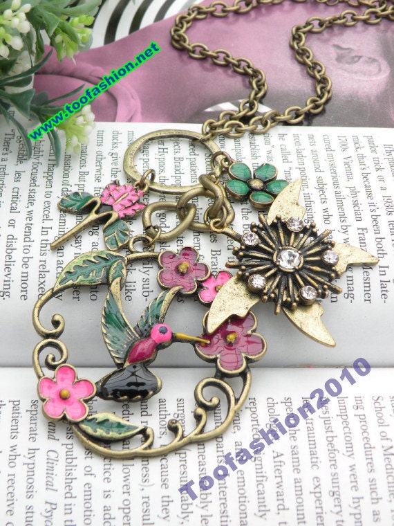 Antique retro copper hummer bird hummingbird in flowers butterfly necklace pendant jewelry vintage style