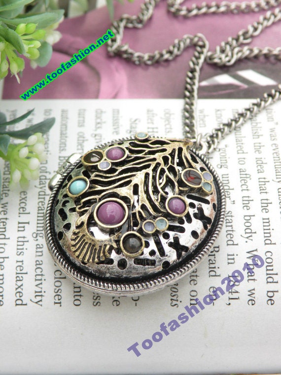 Pretty retro silver carved flowers oval photo box locket with copper feather necklace punk style