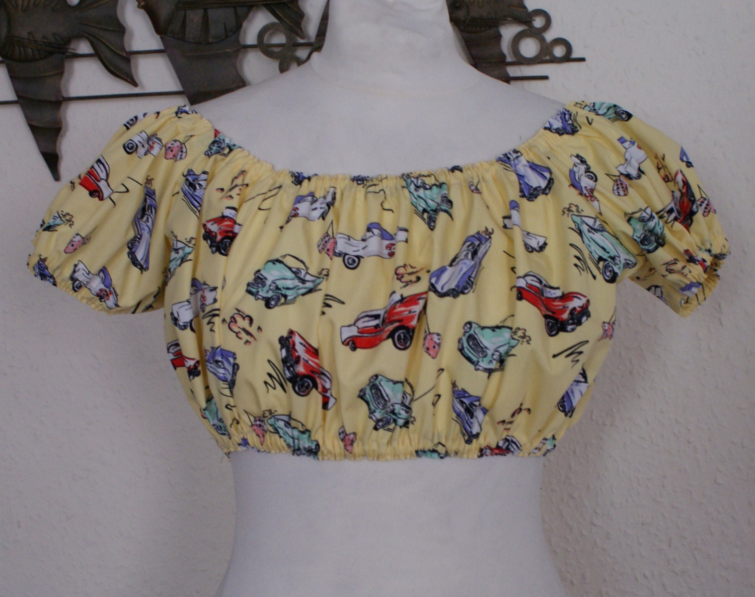 vintage 1950s inspired fun custom car print crop gypsy top blouse size XS S and M rockabilly VLV
