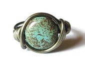 Turquoise Jewelry - Wire Wrapped Ring, Boho Gunmetal Jewelry