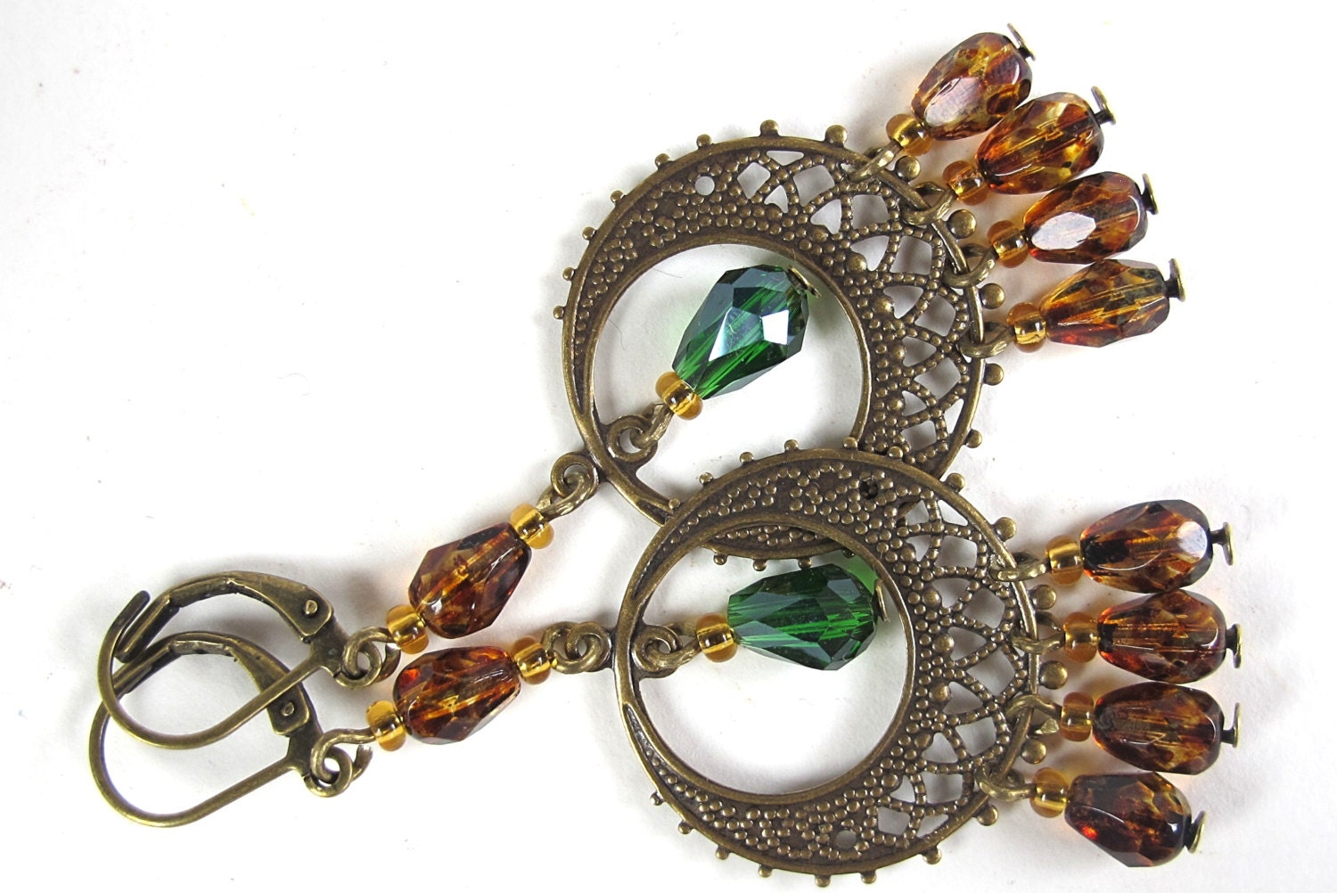brass with brown and green glass bead drops