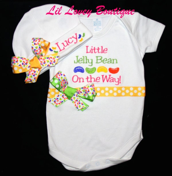 Personalized Coming Home "Little Jelly Bean" Bodysuit With Matching Beanie Hat For Baby Girl