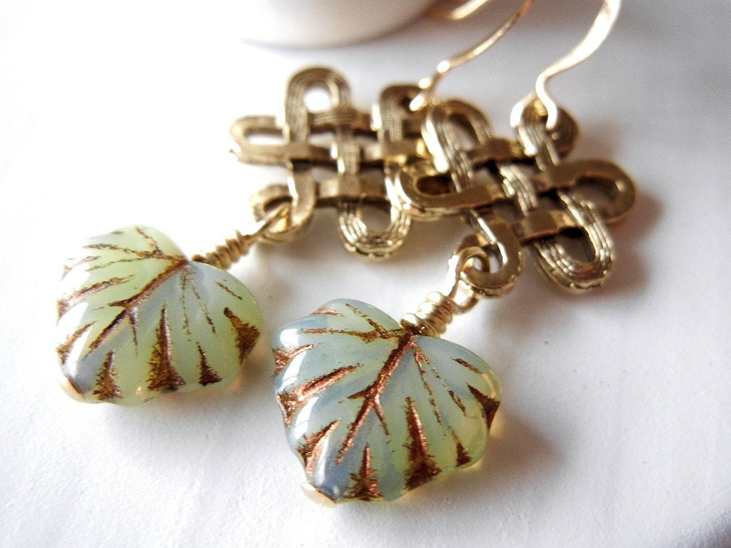 Celtic Knot Earrings, Dangle, Green Leaf Earrings, Czech Glass, Woodland, Nature, Garden, Gift for Her