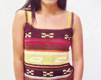 15% off Memorial Day Sale Festival top Arrow print BOHO HIPPIE Knit Fringe Crop Top Small S Med M Tank Top