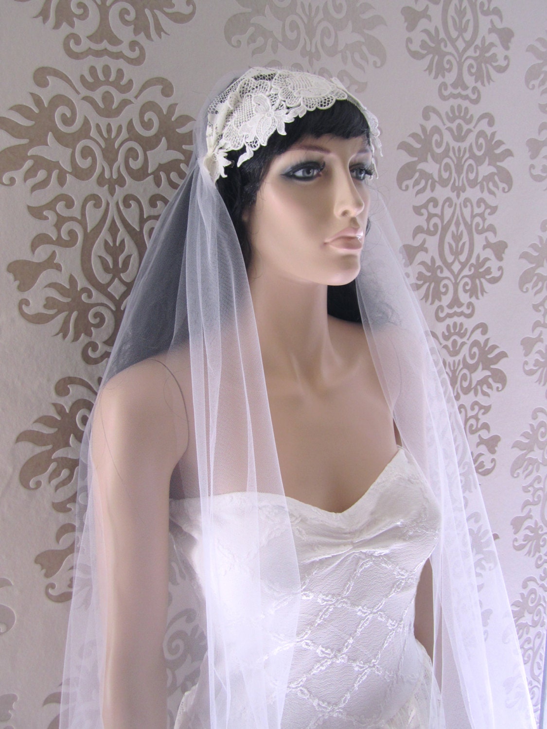 Bridal Cap Veil Flower Hair Piece Veil Headband Lace Wedding Accessories Hair Flower Headpiece  : WERO Tulle Veil Floral Catheral Length