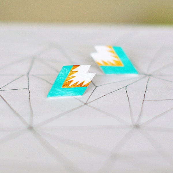 geometric mint green and gold tribal stud earrings