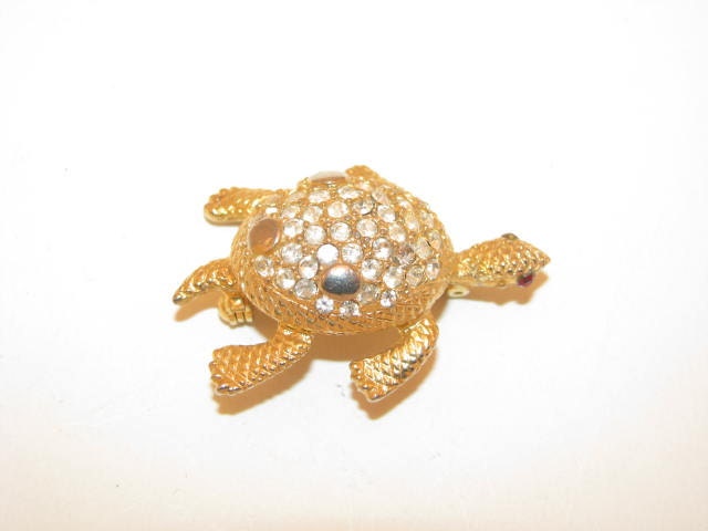 Vintage Givenchy Turtle Figural Pin Gold Rhinestones Rare