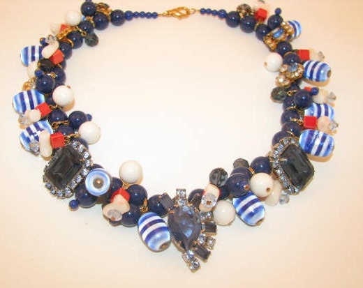 Vintage Jewelry Blue Coral Orange Statement Necklace