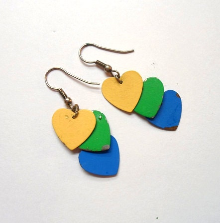 Yellow Green & Blue Metal Heart Earrings