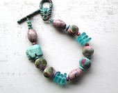 Pastel Spring Bracelet, Turquoise Bead Bracelet, Beaded, Elephant, Beadwork Bracelet
