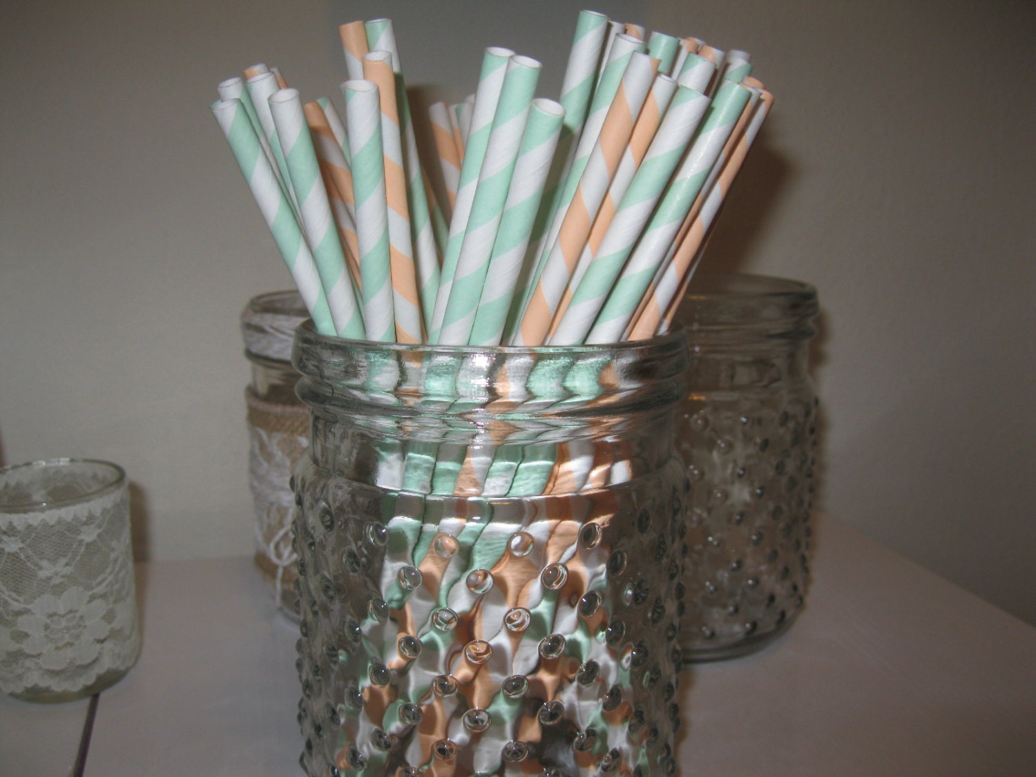 Mixed Mint and Coral white Striped FDA approved 50 paper straws
