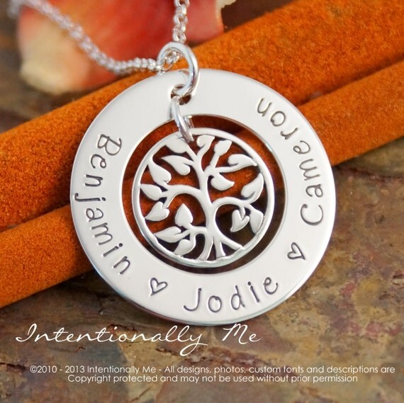 Hand Stamped Mommy Necklace - Personalized Jewelry - Sterling Silver Family Tree Pendant - My Family (Small Washer)