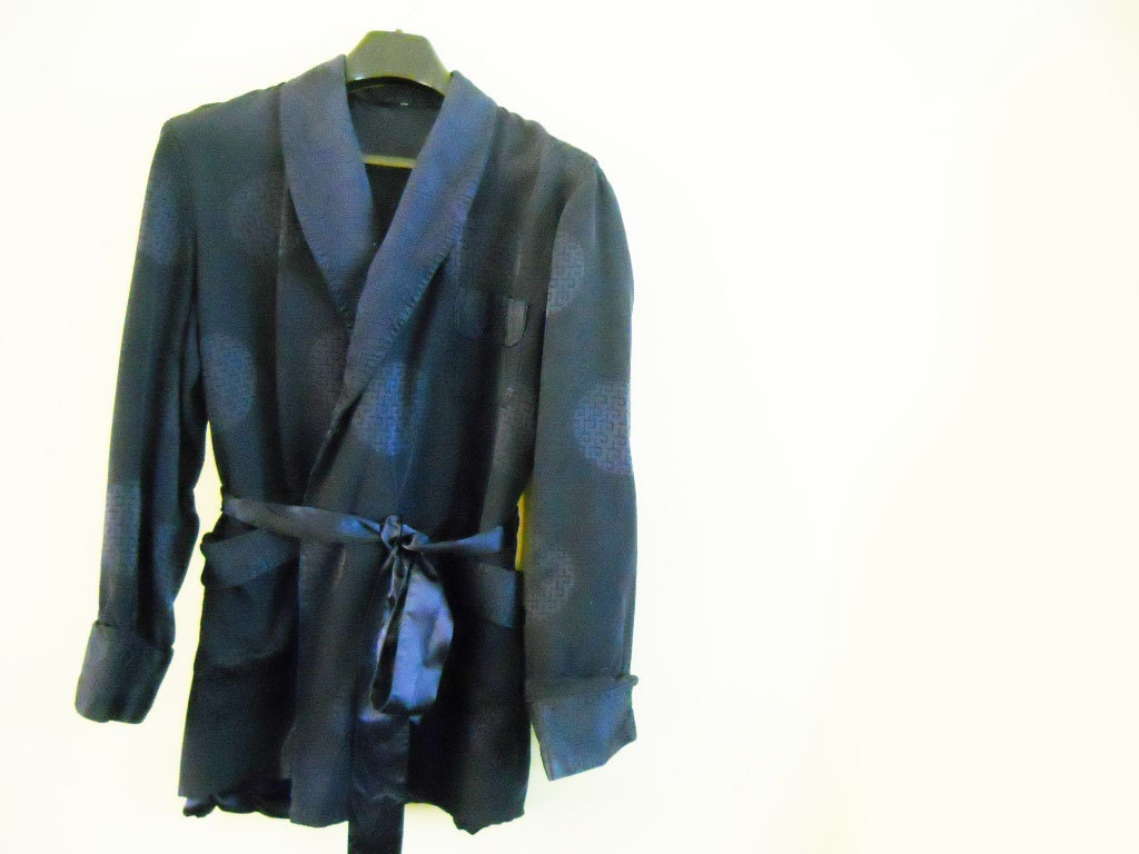 Mens Vintage Smoking Jacket // 60s Navy Blue Rayon // Mad Men Era // Fathers Day