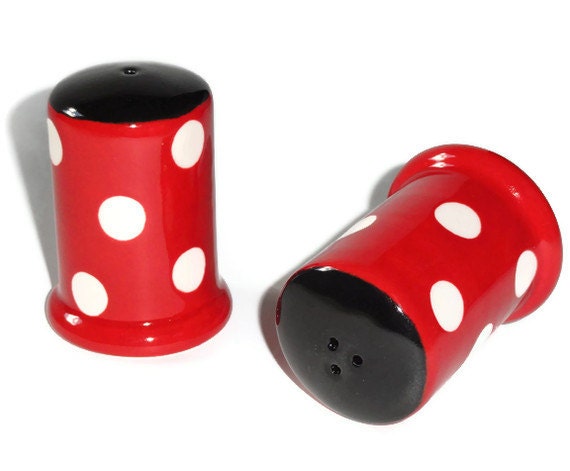Ceramic Salt & Pepper Shakers Red and Black with White PolkaDots
