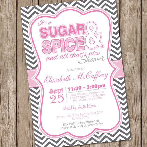 Sugar and spice invitation girl baby shower invitation, pink, grey, stripe, digital file Il_570xn