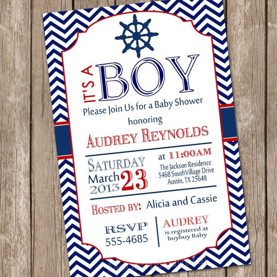 Chevron nautical baby shower invitation, red, blue, nautical, digital file Il_570xn