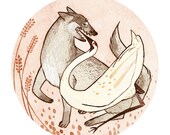 Aesop's Fables 'The Wolf and the Crane' Watercolour Gouache Painting Illustration Giclee Art Print