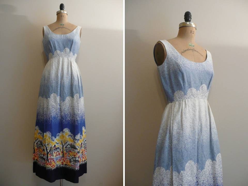 Vintage 1960s Victor Costa Novelty Print Maxi Dress 60s Clouds