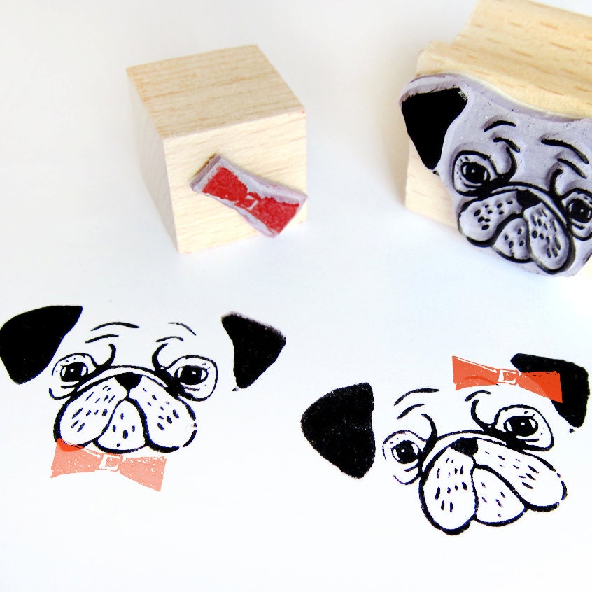 2 rubber stamps - PUG & RIBBON