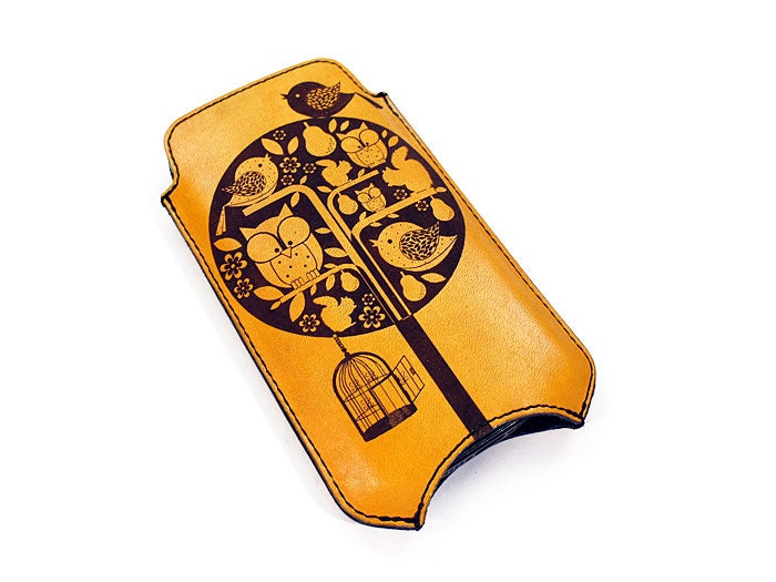 Personalized iPhone Leather Sleeve - Birds & Squirrels
