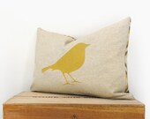 Bird pillow cover - Mustard yellow bird print on natural canvas front and geometric printed backing - 12x18 lumbar pillow cover