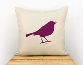 Bird decorative pillow cover, Garden Home decor, 16x16 accent pillow - Raspberry bird print on natural linen aspect canvas pillow cover
