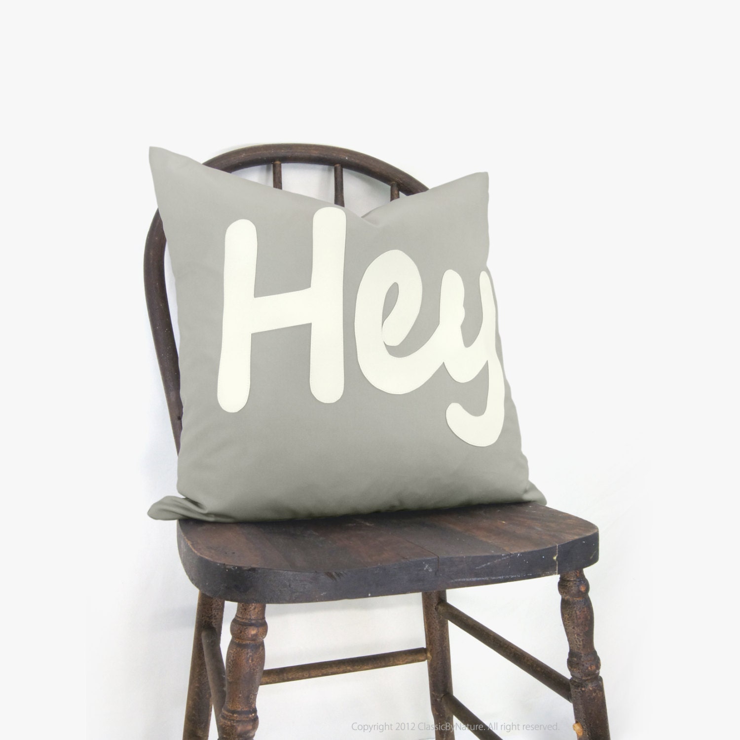 Outdoor pillow - Gray pillow - Summer decor - White HEY applique on grey canvas - Word decorative pillow cover - 18x18 accent pillow cover