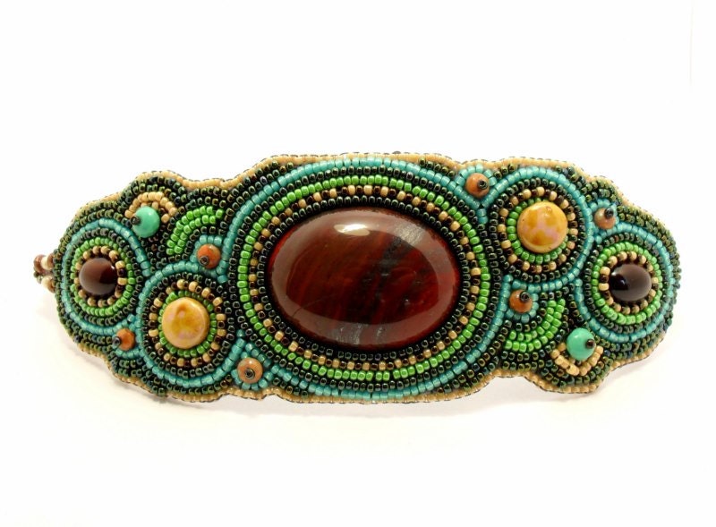 Bead Embroidery Bracelet with Red River  Jasper